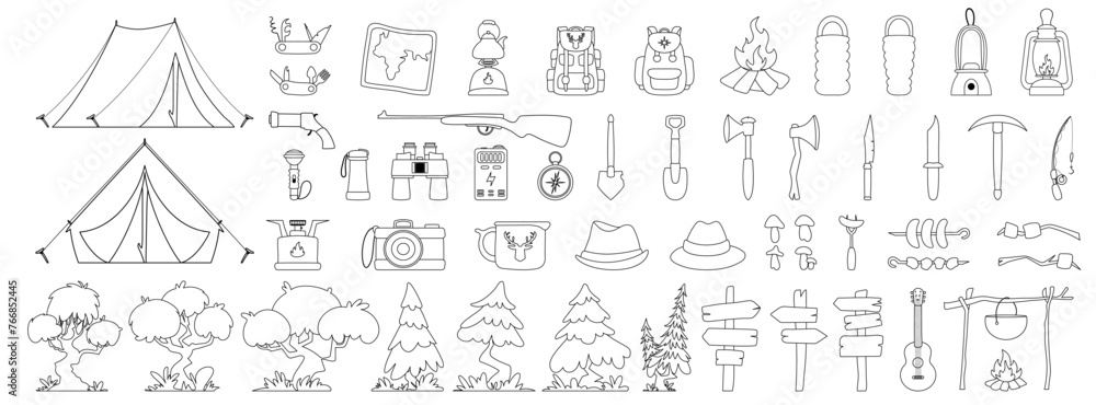 Big set of Camping, tourism, travel. Tree, grass, spruce and yellow tent. Travel backpack and sleeping bag. Fried sausages, shish kebab and marshmallows. Black lines style. Vector