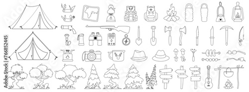 Big set of Camping  tourism  travel. Tree  grass  spruce and yellow tent. Travel backpack and sleeping bag. Fried sausages  shish kebab and marshmallows. Black lines style. Vector
