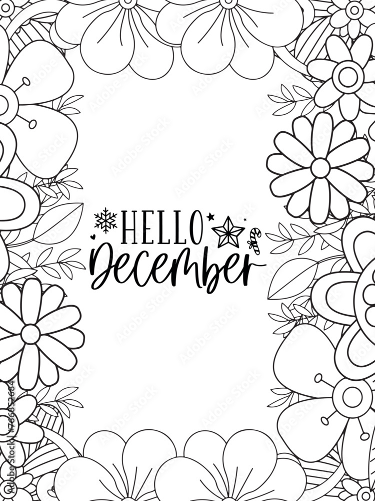 Christmas Quotes Flower Coloring Page Beautiful black and white illustration for adult coloring book