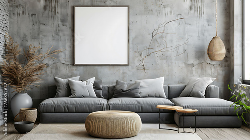 Minimalist sofa interior with empty poster frame mockup