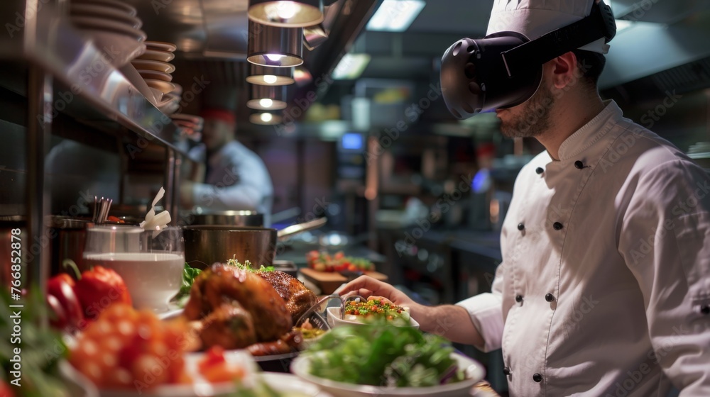 Chef Using VR Headset While Preparing Dishes in Kitchen Chef Using VR Headset While Preparing Dishes in Kitchen