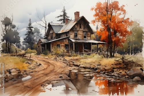 Watercolor of country house ink splatter on white background