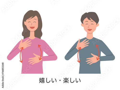 嬉しい・楽しいの手話をする男女のイラスト