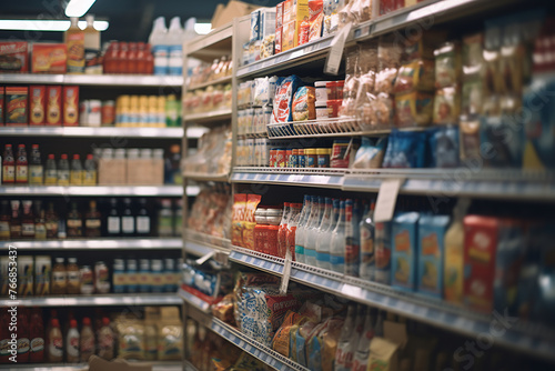 Abstract blurred supermarket aisle with colorful shelves and unrecognizable customers as background