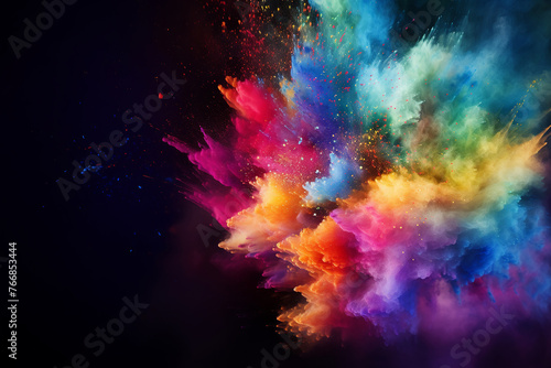 color powder explosion cloud isolated on black background.
