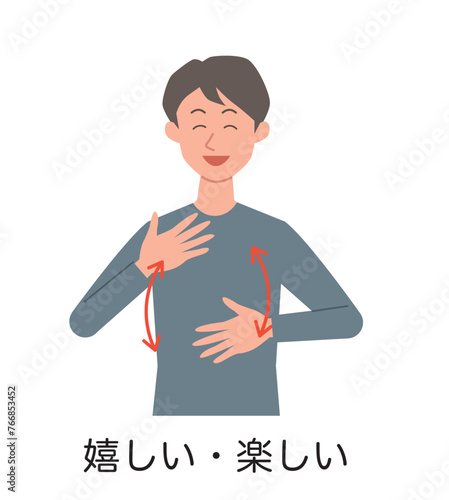 嬉しい・楽しいの手話をする男性のイラスト