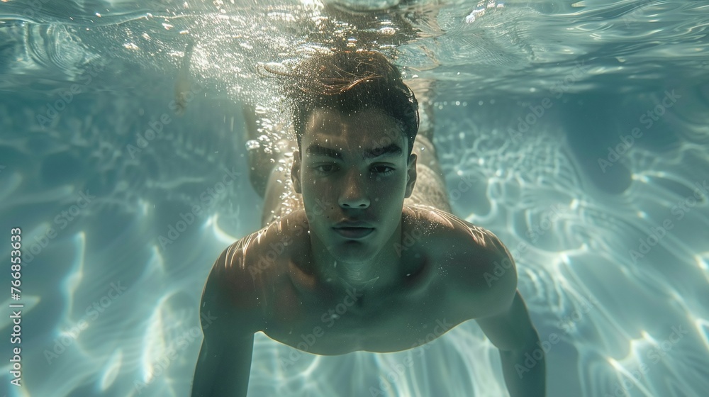 dynamic underwater shot of a young man swimming the front crawl in a pool, showcasing his athleticism, fitness, and exercise routine in aquatic training dynamic underwater shot of a young man swimming the front crawl in a pool, showcasing his athleticism, fitness, and exercise routine in aquatic training