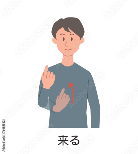 来るの手話をする男性のイラスト