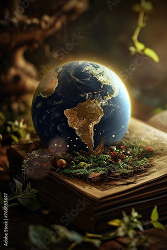 An open book glows brightly and reveals a globe of the world.