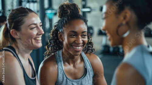 A group of young women taking a break at the gym after exercising.