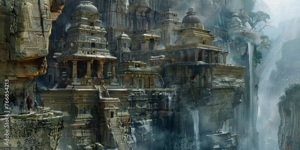 Obraz premium Mystical Cliff-Hanging Temple with Stone Deities