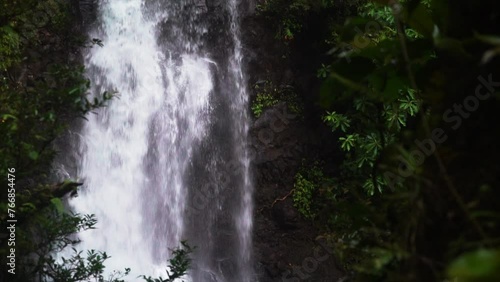 Tavarua Wainibau Falls waterfalls jungle mountain Taveuni Garden Island coral coast reef break sand tropical peaceful palm coconut trees rainy cloudy stunning Tourism Fiji slow motion pan down photo