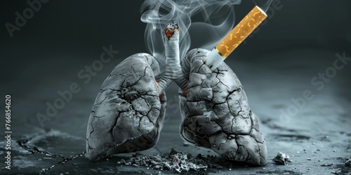 Smoking Kills - Conceptual image of smoldering lungs with a cigarette, representing the harmful effects of smoking on health photo
