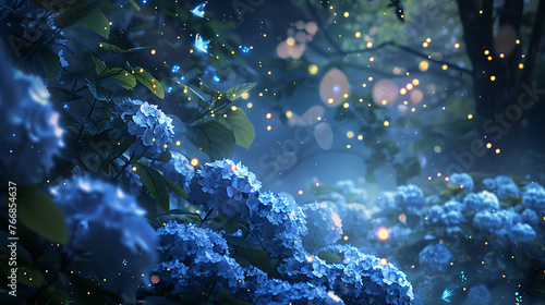Nighttime in a magical garden with glowing fireflies around hydrangea bushes. Generative AI illustration 