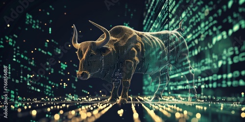 Digital Bull in Matrix Code, Symbolizing Bullish Markets and Technological Advancement in Finance