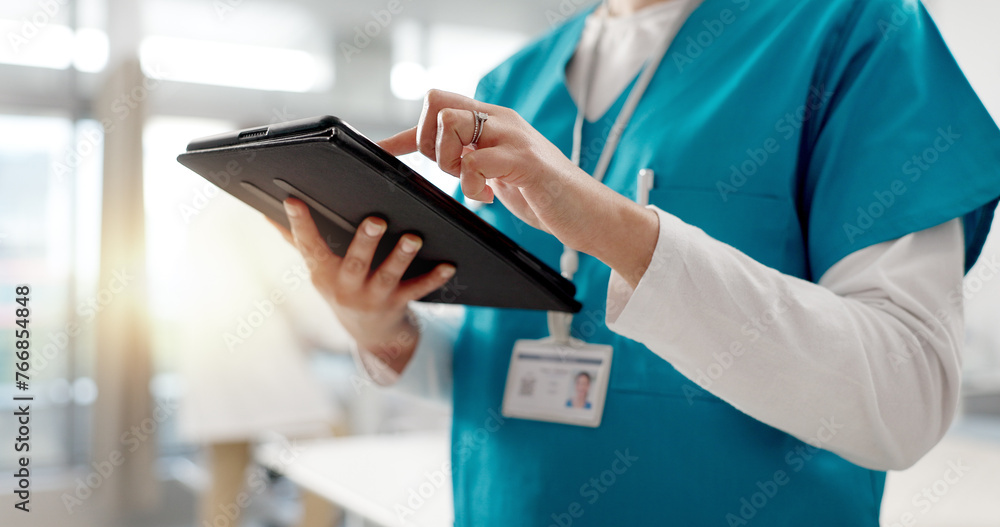 Closeup, doctor and woman with a tablet, typing and connection with internet, hospital and research. Hands, person and medical professional with technology, healthcare and online results with email - obrazy, fototapety, plakaty 