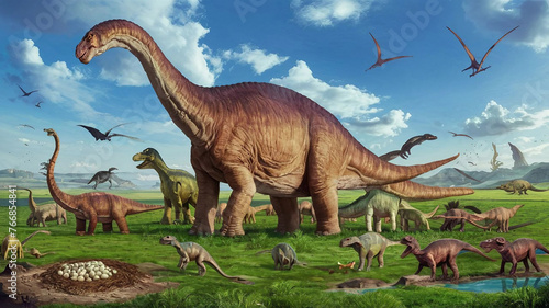 Dinosaurs in the Triassic period age in the green grass land and blue sky background, Habitat of dinosaur, history of world concept © DELWAR