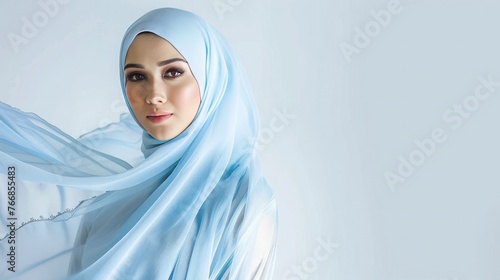A beautiful Muslim woman is modeling a pastel blue modern kurung with a hijab, a trendy urban photo