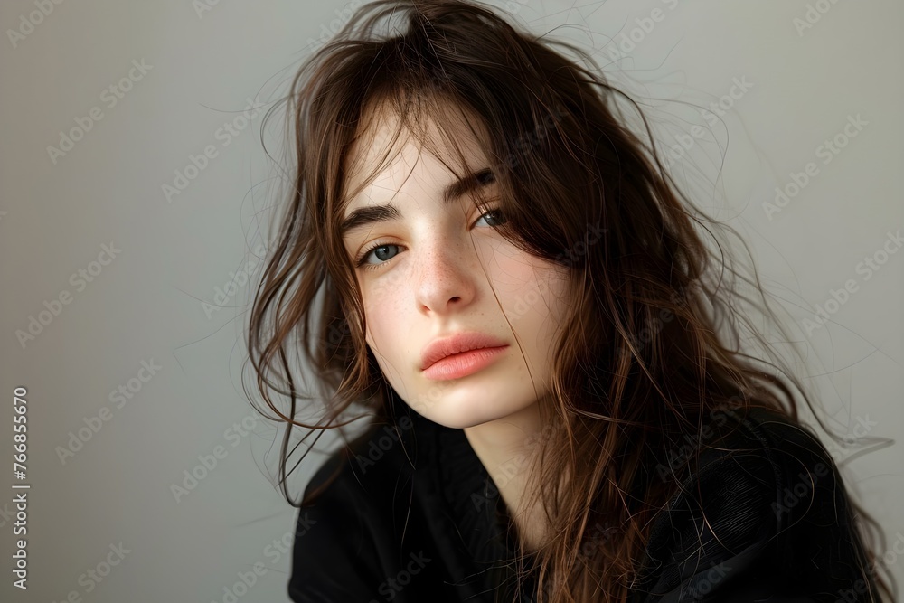 Portrait of a young woman with damaged hair looking sad and concerned about hair loss captured in closeup. Concept Beauty Tips, Hair Care, Self Care, Styling Advice, Hair Loss Solutions Portrait of a young woman with damaged hair looking sad and concerned about hair loss captured in closeup. Concept Beauty Tips, Hair Care, Self Care, Styling Advice, Hair Loss Solutions