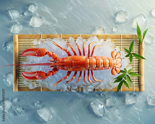Lobster sashimi on ice, bamboo mat, wasabi accent, topdown, Japanese elegance , 3D render