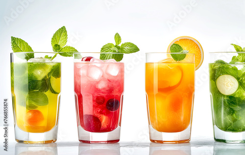 Mixed fruit cocktails on table on white background 