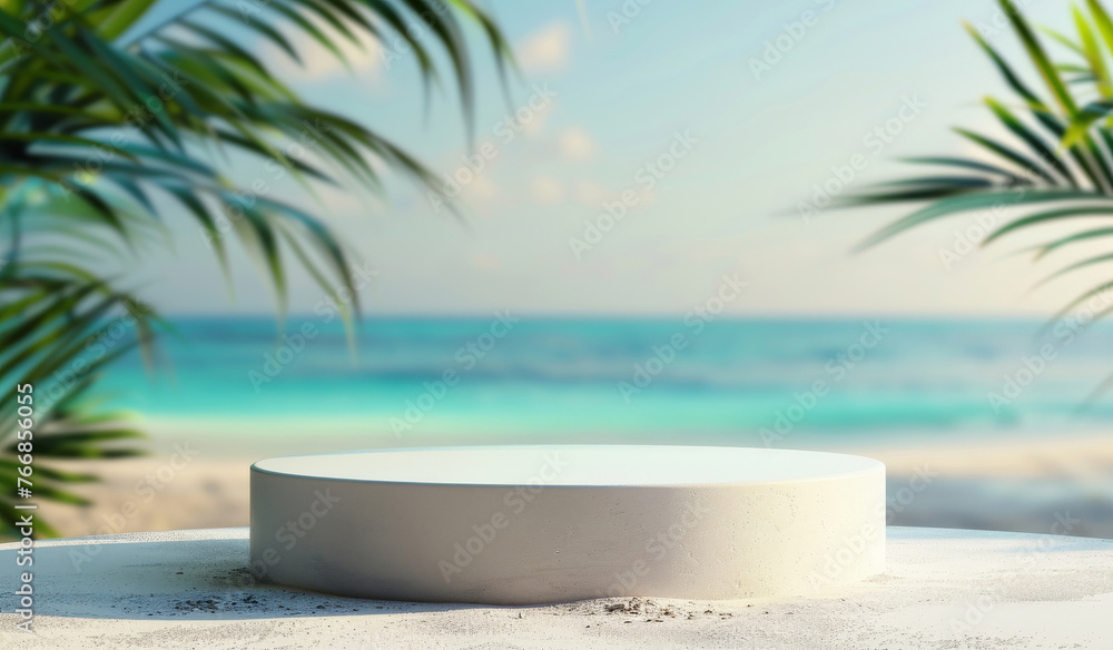 Podium, beach scene or stage design template for your product placement, advertising or marketing backdrop. Empty, modern and beautiful platform for business branding, background or showroom mockup - obrazy, fototapety, plakaty 