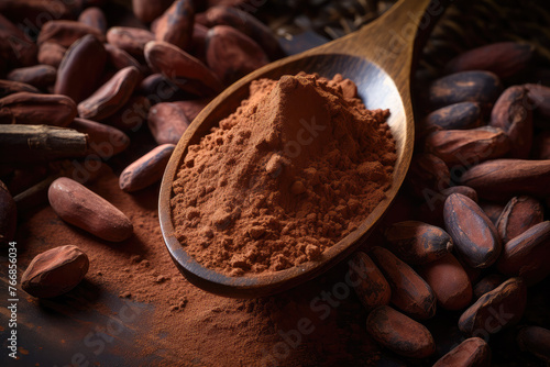 cocoa powder on a wooden spoon with cocoa beans