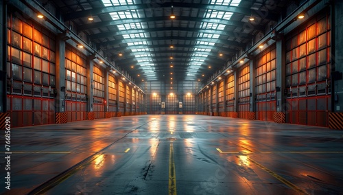 A vast building with numerous doors and windows, featuring symmetrical design and electric blue tinted fixtures. Made of composite materials and metal flooring