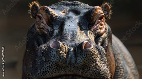 closeup view of a wild hippo in macro detail highlighting its massive mouth, teeth, and habitat with emphasis on the animal’s natural behavior and river setting