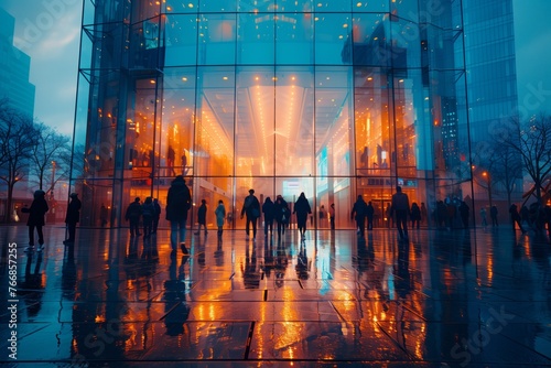 A group of individuals admires the symmetry of a glass building in the city  reflecting the electric blue sky. The facade resembles a piece of art in the modern world