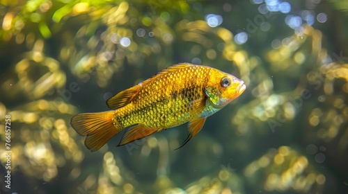 A lone Midas Cichlid fish is searching for food in the lake near the Byodo-In temple in Oahu, photo