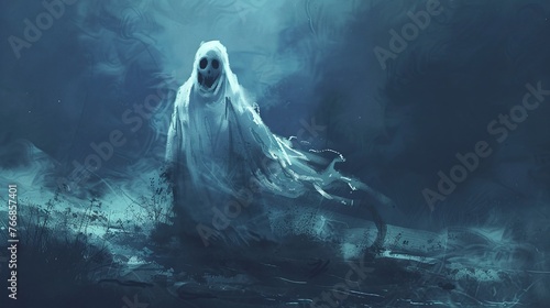 eerie and creepy ghost on a horror background with a dark and sinister atmosphere evoking a chilling and haunted feeling of fear and supernatural dread