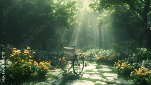 A bicycle with its wheel resting against a tree is parked on a stone path in a forest, with sunlight filtering through the trees onto the natural landscape