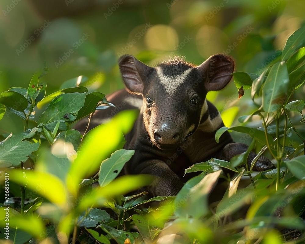 Fototapeta premium Malayan Tapir calf frolicking, rich foliage, high angle, sunlit, natural charm , ultra HD