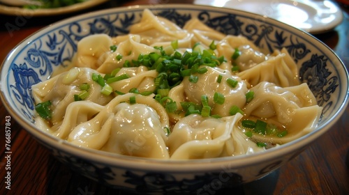 A wonton bowl is a traditional Chinese dish.