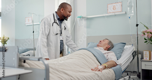Consultation  healthcare and doctor with patient in hospital after surgery  treatment or procedure. Discussion  checkup and African male medical worker talk to senior man in clinic bed for diagnosis.