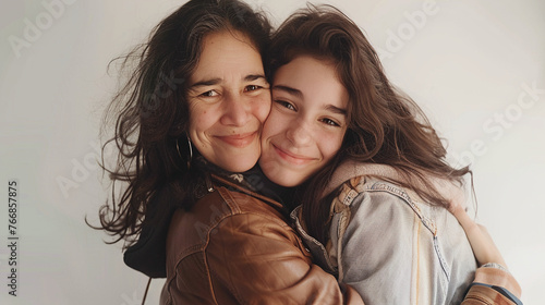 Retrato de madre e hija caucásicas dándose un abrazo con las cabezas juntas mirando a cámara sonriendo. Dos mujeres abrazandose.