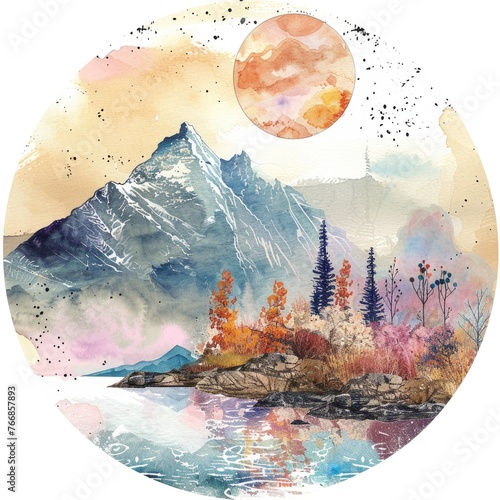 Fototapeta Naklejka Na Ścianę i Meble -  image of mountains in soft pastel beige colors. round picture for printing on products. round picture with mountains on a white isolated background