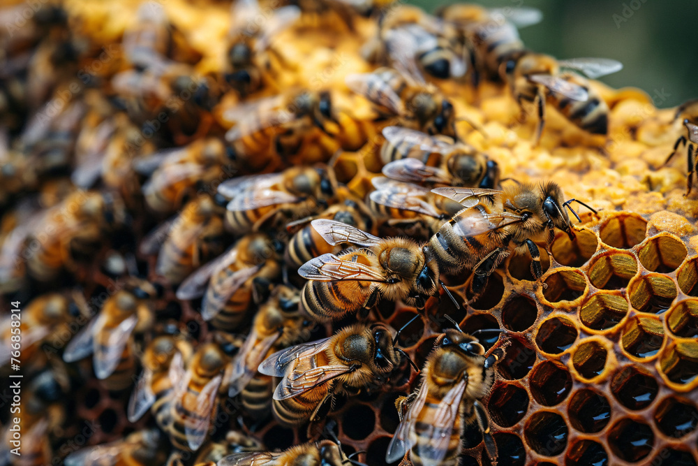 Honeybee pollinating flowers, close-up photography. Springtime pollination and beekeeping concept for design and educational use Honeybee pollinating flowers, close-up photography. Springtime pollination and beekeeping concept for design and educational use
