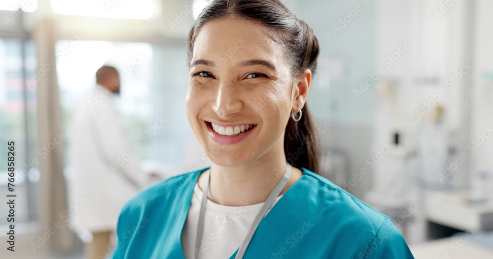 Medical, smile and portrait of nurse in a hospital for healthcare, medicine and employee working in a clinic. Health, care and service by professional woman doctor in surgery or operation room - obrazy, fototapety, plakaty 