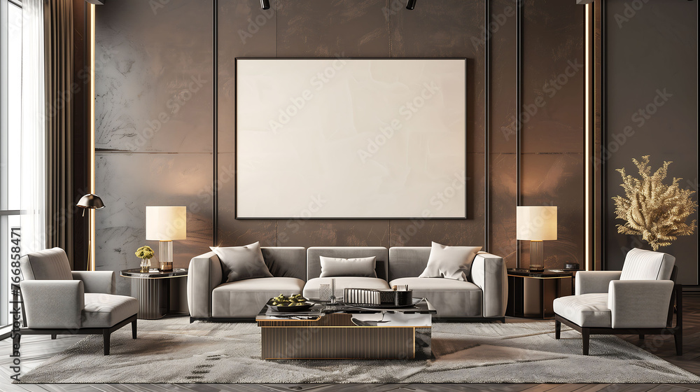 Modern minimalist interior with empty poster frame mockup Modern minimalist interior with empty poster frame mockup