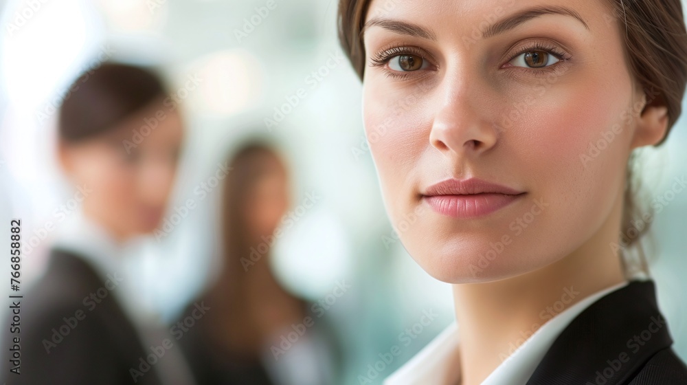 closeup of professional business woman in modern office with team working in background representing leadership and collaboration closeup of professional business woman in modern office with team working in background representing leadership and collaboration