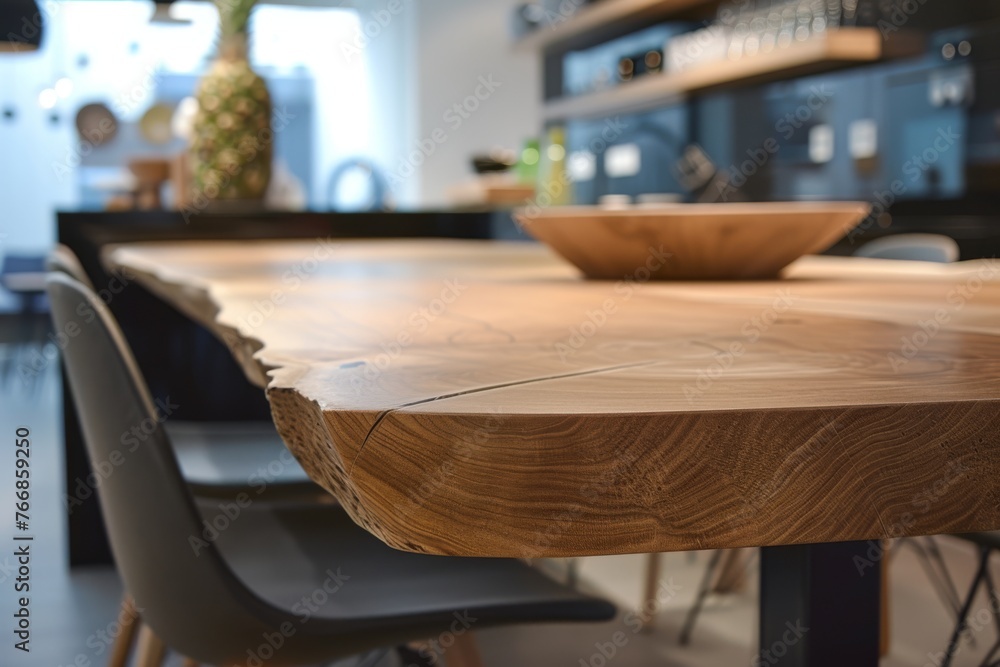 Close-up view of a wooden dining table with intricate grain details, set in a contemporary kitchen with sleek furnishings and ambient lighting Close-up view of a wooden dining table with intricate grain details, set in a contemporary kitchen with sleek furnishings and ambient lighting