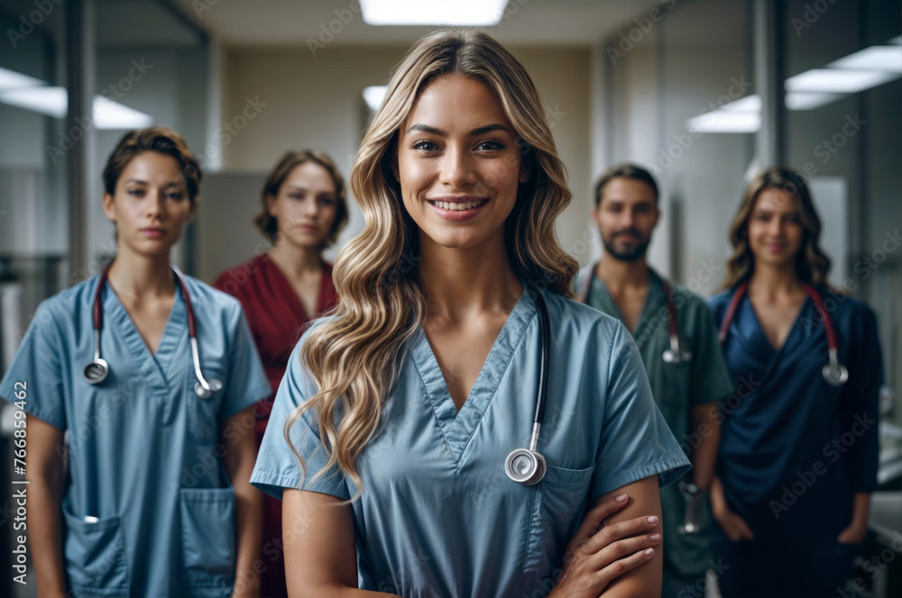 Portrait of a smiling nurse standing with her team in the background Portrait of a smiling nurse standing with her team in the background