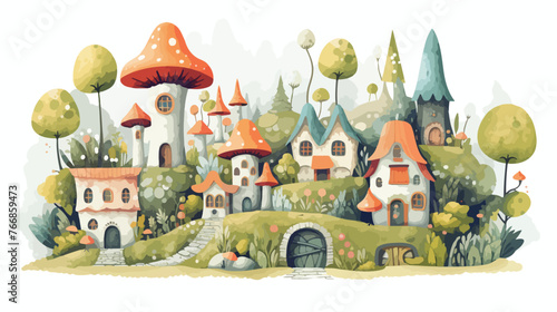 Whimsical Fairy Village Flat vector isolated on white background 