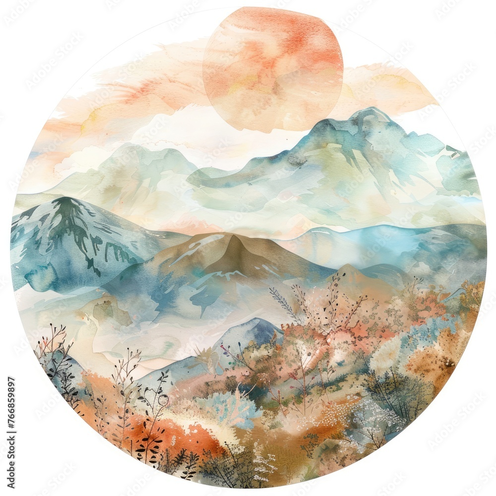 image of mountains in soft pastel beige colors. round picture for printing on products. round picture with mountains on a white isolated background image of mountains in soft pastel beige colors. round picture for printing on products. round picture with mountains on a white isolated background