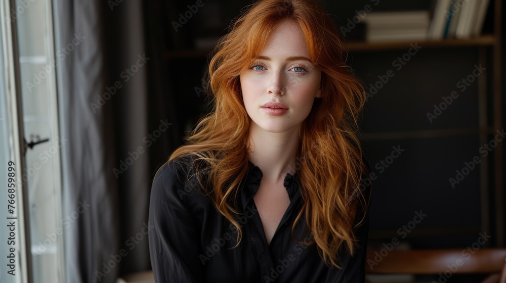 A charming red-haired woman in a classic black blouse, exemplifying her refined taste and effortless elegance