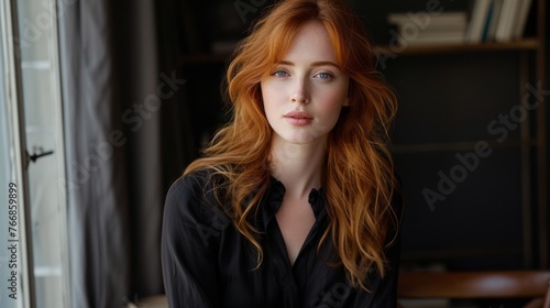 A charming red-haired woman in a classic black blouse, exemplifying her refined taste and effortless elegance