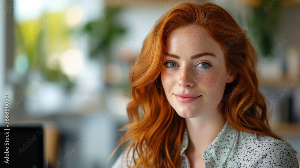 Young professional woman with red hair, working in an office, her fitted blouse adding a touch of confidence and professionalism Young professional woman with red hair, working in an office, her fitted blouse adding a touch of confidence and professionalism