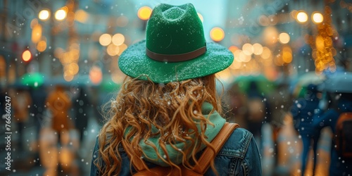 A woman in a green hat and backpack strolls down a rainy street, adding a touch of fun to the gloomy weather with her vibrant fashion accessory